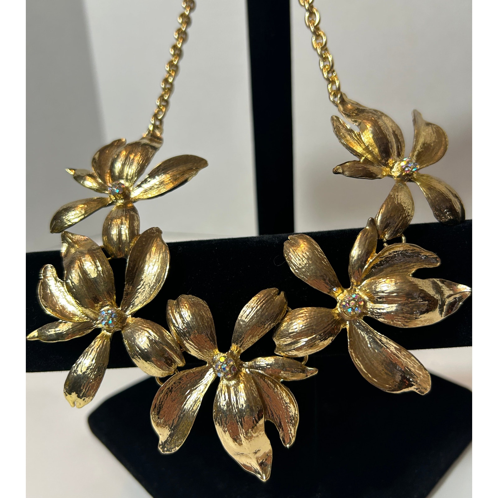 Vintage Gold-Tone Textured Floral Statement Necklace With Rhinestone Centers